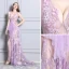 Sexy Lila Cocktailkleider 2019 Durchsichtige Spitze Strass V-Ausschnitt Ärmellos Rückenfreies Sweep / Pinsel Zug Festliche Kleider