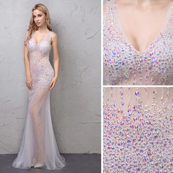 Sexy Weiß Durchsichtige Abendkleider 2019 Meerjungfrau Strass V-Ausschnitt Ärmellos Rückenfreies Hof-Schleppe Festliche Kleider