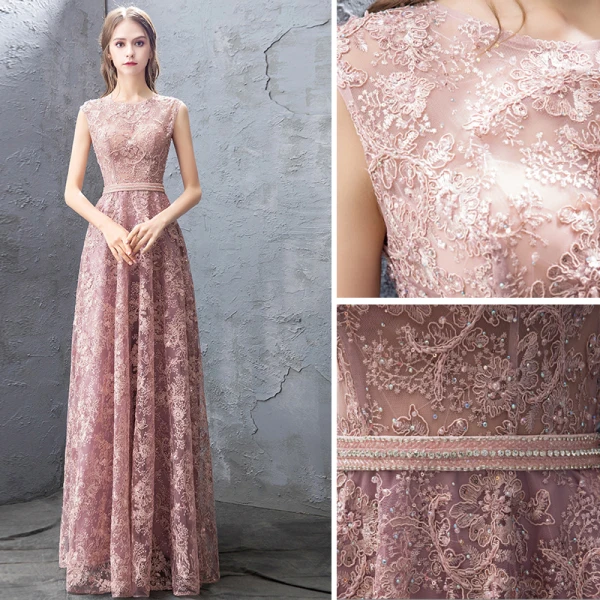 Chic / Beautiful Pearl Pink Evening Dresses  2019 A-Line / Princess Lace Beading Rhinestone Sequins Scoop Neck Sleeveless Floor-Length / Long Formal Dresses
