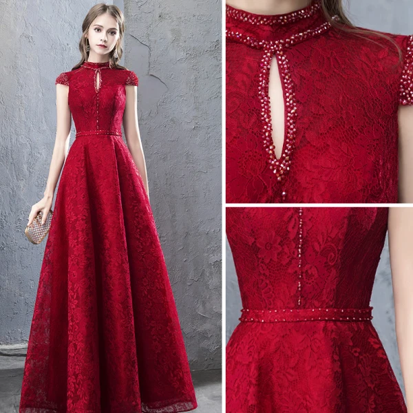 Chinese style Burgundy Evening Dresses 2019 A-Line / Princess Beading Lace Crystal Scoop Neck Cap Sleeves Backless Floor-Length / Long Formal Dresses