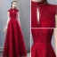 Chinese style Burgundy Evening Dresses  2019 A-Line / Princess Beading Lace Crystal Scoop Neck Cap Sleeves Backless Floor-Length / Long Formal Dresses
