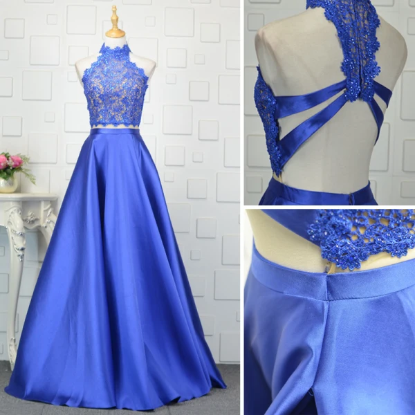 Vintage / Retro 2 Piece Royal Blue Evening Dresses 2019 A-Line / Princess Lace Crystal High Neck Sleeveless Backless Floor-Length / Long Formal