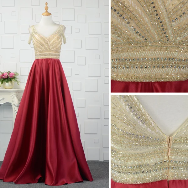Luxe Bordeaux Robe De Soirée 2019 Princesse Perlage Cristal Faux Diamant V-Cou Sans Manches Dos Nu Longue Robe De Ceremonie