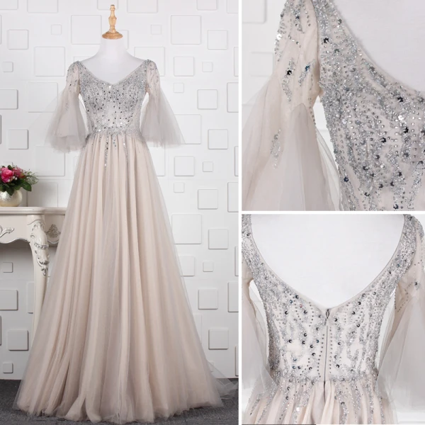 Modern / Fashion Grey Handmade Beading Evening Dresses 2019 A-Line / Princess Rhinestone Sequins V-Neck Bell sleeves Backless Floor-Length / Long Formal Dresses