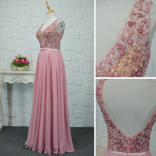 Moderne / Mode Rose Bonbon Fait main Perlage Robe De Soirée 2019 Princesse Cristal Perle Paillettes V-Cou Sans Manches Dos Nu Longue Robe De Ceremonie