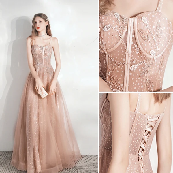 Chic / Beautiful Champagne Prom Dresses 2021 A-Line / Princess Spaghetti Straps Beading Lace Flower Sleeveless Backless Floor-Length / Long Formal Dresses