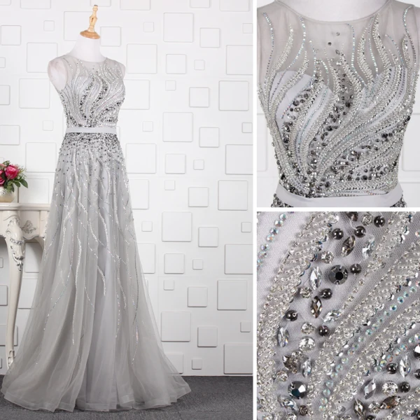 Luxe Champagne Fait main Perlage Robe De Soirée 2019 Princesse Cristal Paillettes Faux Diamant Encolure Dégagée Sans Manches Longue Robe De Ceremonie