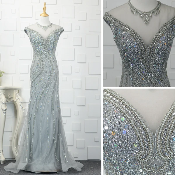 Luxus / Herrlich Champagner Handgefertigt Perlenstickerei Abendkleider Meerjungfrau 2019 Kristall Pailletten Perle Strass Rundhalsausschnitt Ärmellos Sweep / Pinsel Zug Festliche Kleider