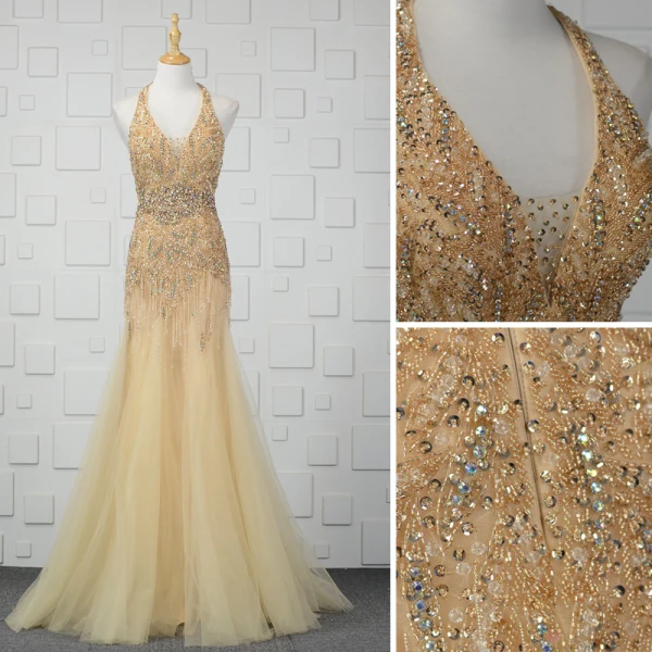 Luxe Champagne Fait main Perlage Robe De Soirée 2019 Trompette / Sirène Cristal Paillettes Faux Diamant Gland Titulaire Sans Manches Dos Nu Longue Robe De Ceremonie