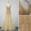 Luxe Champagne Fait main Perlage Robe De Soirée 2019 Trompette / Sirène Cristal Paillettes Faux Diamant Gland Titulaire Sans Manches Dos Nu Longue Robe De Ceremonie