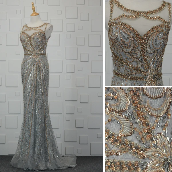 Luxury / Gorgeous Silver Handmade  Beading Evening Dresses  2019 Trumpet / Mermaid Crystal Sequins Rhinestone Tassel Scoop Neck Sleeveless Sweep Train Formal Dresses