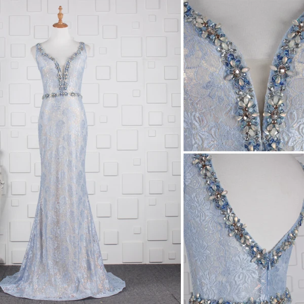 Élégant Bleu Ciel Robe De Soirée 2019 Trompette / Sirène Glitter En Dentelle Cristal V-Cou Sans Manches Dos Nu Train De Balayage Robe De Ceremonie