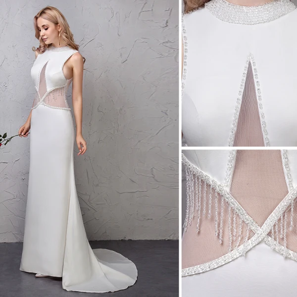 Chic / Beautiful Ivory Evening Dresses  2019 Trumpet / Mermaid See-through Handmade  Beading Tassel Scoop Neck Sleeveless Sweep Train Formal Dresses