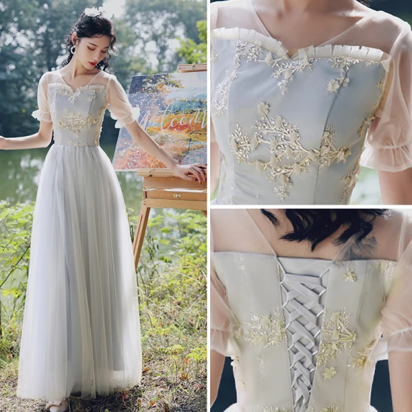 Élégant Gris Robe Demoiselle D'honneur 2021 Princesse Manches Courtes Dos Nu Appliques En Dentelle Fleur Longue Demoiselle D'honneur Robe Pour Mariage