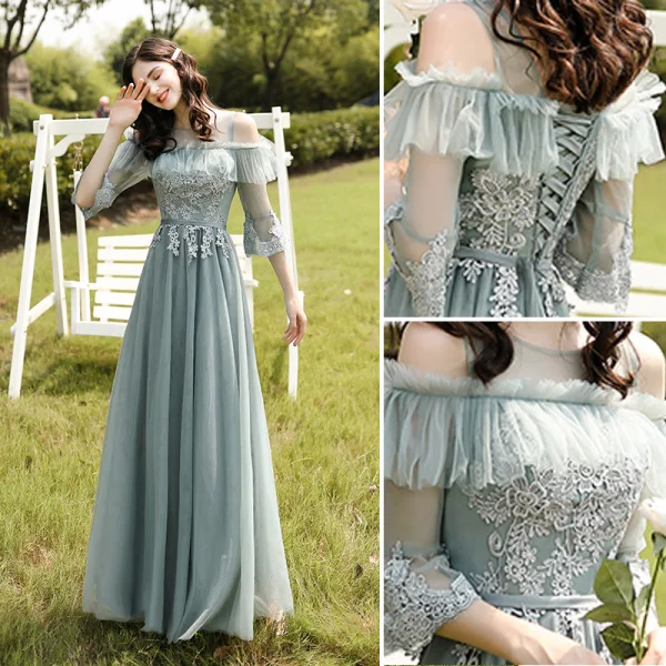 Modest / Simple Mint Green Lace Flower Bridesmaid Dresses 2021 A-Line / Princess Scoop Neck 1/2 Sleeves Backless Floor-Length / Long Wedding Party Dresses