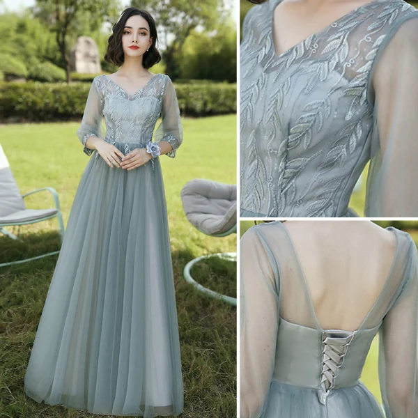 Chic / Beautiful Prom Dresses 2017 A-Line / Princess Appliques Pearl Lace V-Neck Crossed Straps Long Sleeve Floor-Length / Long