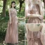 Modest / Simple Pearl Pink Bridesmaid Dresses 2018 A-Line / Princess Bow Scoop Neck Backless Sleeveless Sweep Train Wedding Party Dresses