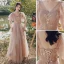 Modest / Simple Blushing Pink Wedding Party Dresses 2021 A-Line / Princess V-Neck Short Sleeve Backless Floor-Length / Long Bridesmaid Dresses