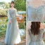 Modest / Simple Sage Green Ruffle Bridesmaid Dresses 2021 A-Line / Princess V-Neck Short Sleeve Backless Floor-Length / Long Wedding Party Dresses