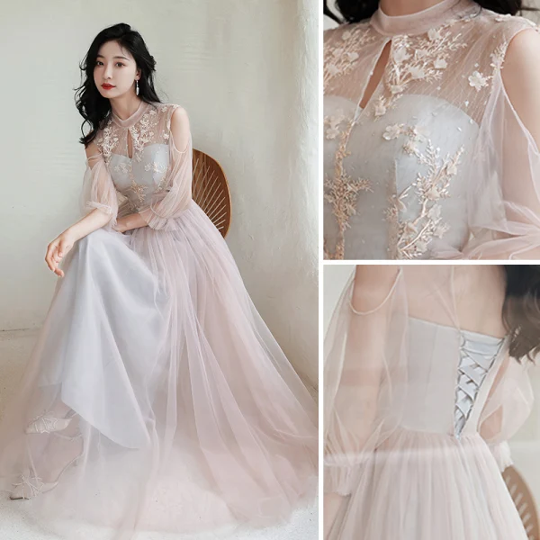 Fashion Blushing Pink Bridesmaid Dresses 2021 A-Line / Princess Scoop Neck Lace Flower Appliques 3/4 Sleeve Backless Floor-Length / Long Wedding Party Dresses