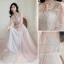 Fashion Blushing Pink Bridesmaid Dresses 2021 A-Line / Princess Scoop Neck Lace Flower Appliques 3/4 Sleeve Backless Floor-Length / Long Wedding Party Dresses