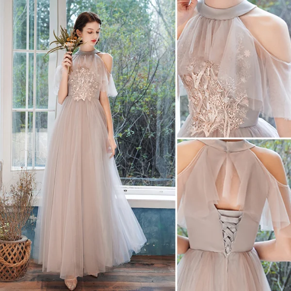 Simple Gris Robe Demoiselle D'honneur 2018 Princesse Sans Manches Dos Nu Thé Longueur Robe Pour Mariage