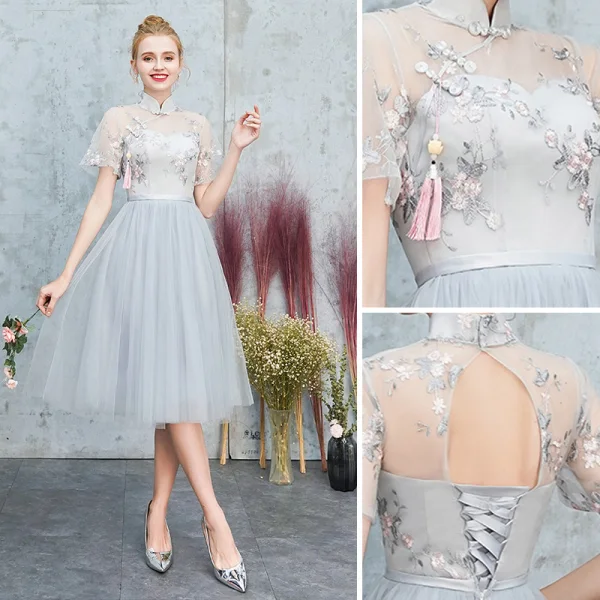 Chinese style Grey Embroidered Bridesmaid Dresses 2021 A-Line / Princess High Neck Short Sleeve Backless Tea-length Bridesmaid Wedding Party Dresses