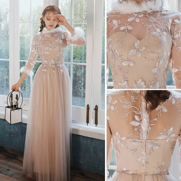 Chinese style Elegant Blushing Pink Embroidered Bridesmaid Dresses 2021 A-Line / Princess Scoop Neck 3/4 Sleeve Floor-Length / Long Wedding Party Dresses