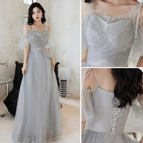 Modern / Fashion Grey Bridesmaid Dresses 2021 A-Line / Princess Scoop Neck Sequins 3/4 Sleeve Backless Floor-Length / Long Wedding Party Dresses