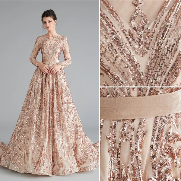 Sparkly Dark Green Sequins Evening Dresses Prom Dresses 2021 A-Line / Princess Sash Scoop Neck Long Sleeve Backless Floor-Length / Long Evening Party Prom Formal Dresses