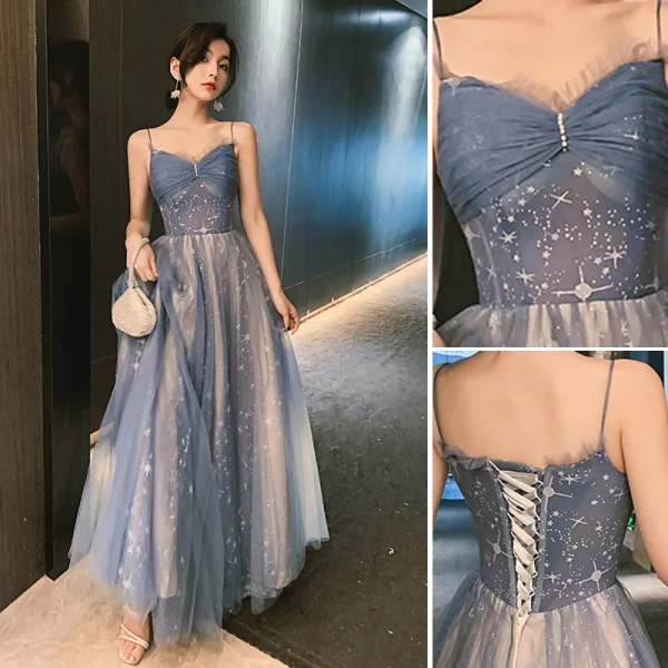 Charming Sky Blue Star Bridesmaid Dresses 2021 A-Line / Princess Spaghetti Straps Lace Sleeveless Backless Floor-Length / Long Bridesmaid Wedding Party Dresses