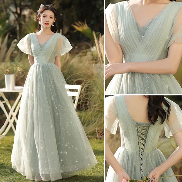 Fashion Sage Green Star Bridesmaid Dresses 2021 A-Line / Princess Scoop Neck Short Sleeve Backless Floor-Length / Long Bridesmaid Wedding Party Dresses
