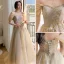 Chic / Beautiful Champagne Bridesmaid Dresses 2021 A-Line / Princess V-Neck Beading Pearl Sequins Lace Flower Short Sleeve Backless Floor-Length / Long Bridesmaid Wedding Party Dresses