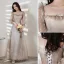 Elegant Grey Lace Star Bridesmaid Dresses 2021 A-Line / Princess Square Neckline Bow Short Sleeve Backless Floor-Length / Long Bridesmaid Wedding Party Dresses