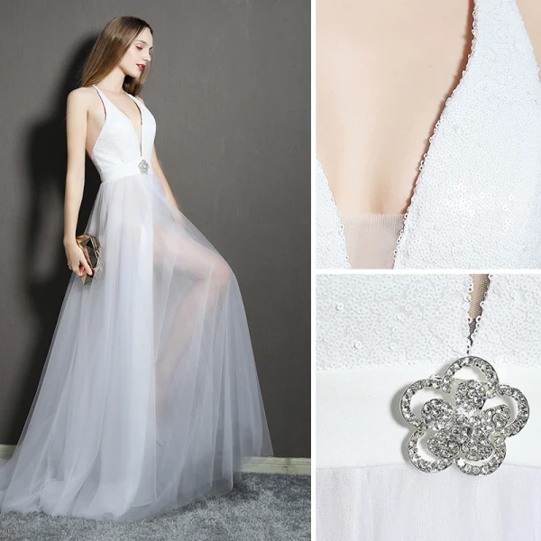 Sexy Black Evening Dresses 2019 A-Line / Princess Rhinestone Sequins V-Neck Sleeveless Plunging Cross-Back Backless Floor-Length / Long Formal Dresses