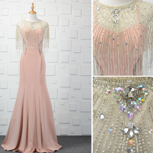 Moderne / Mode 2 Pièces Perlage Perle Rose Robe De Soirée 2019 Trompette / Sirène Cristal Faux Diamant Gland Encolure Dégagée Sans Manches Longue Robe De Ceremonie