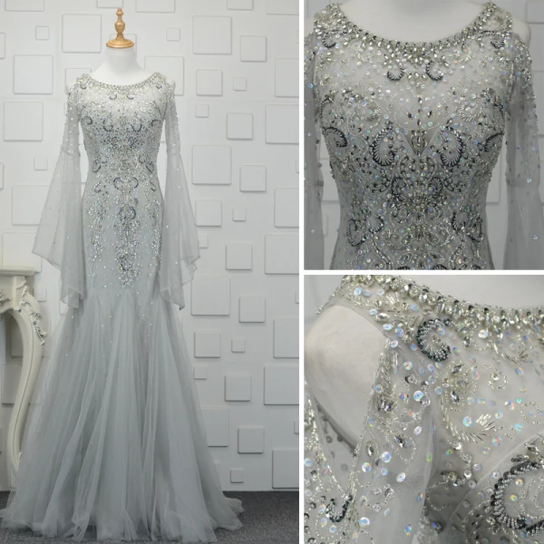 Luxury / Gorgeous Champagne Handmade Beading Evening Dresses 2019 Trumpet / Mermaid Crystal Rhinestone Sequins Scoop Neck Bell sleeves Sweep Train Formal Dresses