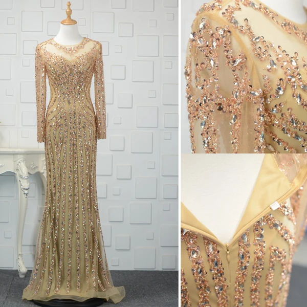Luxury / Gorgeous Champagne Handmade Beading Evening Dresses 2019 Trumpet / Mermaid Crystal Sequins Scoop Neck Long Sleeve Sweep Train Formal Dresses