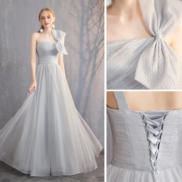 Chic / Belle Gris Robe Demoiselle D'honneur 2019 Princesse Tachetée Noeud 1/2 Manches Dos Nu Longue Robe Pour Mariage