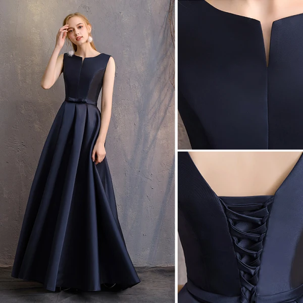 Modest / Simple Navy Blue A-Line / Princess Bridesmaid Dresses 2019 Bow Backless Floor-Length / Long Wedding Party Dresses