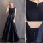 Modest / Simple Navy Blue A-Line / Princess Bridesmaid Dresses 2019 Bow Backless Floor-Length / Long Wedding Party Dresses