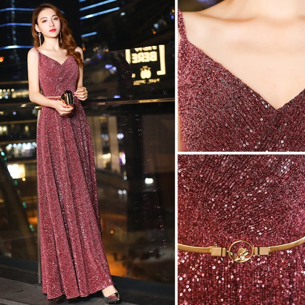Bling Bling Bordeaux Paillettes Robe De Soirée 2019 Princesse Bretelles Spaghetti Sans Manches Dos Nu Métal Ceinture Longue Robe De Ceremonie