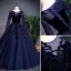 Élégant Bleu Marine Robe De Bal 2019 Princesse Encolure Dégagée Perlage Perle Daim Fleur Manches Longues Longue Robe De Ceremonie