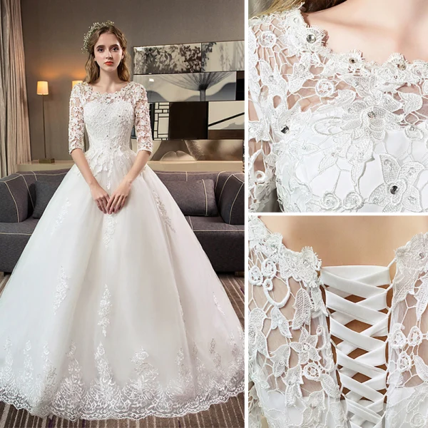 Chic / Belle Rouge Robe De Mariée 2019 Princesse Encolure Dégagée Perlage Cristal En Dentelle Fleur 1/2 Manches Royal Train