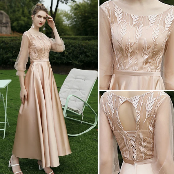 Modest / Simple Champagne Satin Embroidered Bridesmaid Dresses 2021 A-Line / Princess Scoop Neck 1/2 Sleeves Backless Floor-Length / Long Wedding Party Dresses
