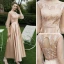Modest / Simple Champagne Satin Embroidered Bridesmaid Dresses 2021 A-Line / Princess Scoop Neck 1/2 Sleeves Backless Floor-Length / Long Wedding Party Dresses