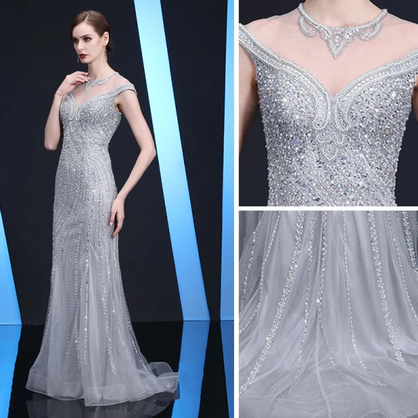 Luxury / Gorgeous Gold Evening Dresses 2019 Trumpet / Mermaid Scoop Neck Beading Sequins Pearl Crystal Rhinestone Sleeveless Sweep Train Formal Dresses
