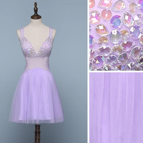 Sexy Lavande Robe De Cocktail 2019 Princesse V-Cou Perlage Faux Diamant Sans Manches Dos Nu Courte Robe De Ceremonie