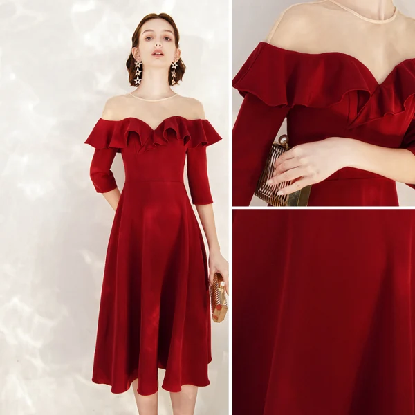 Chic / Belle Noire Robe De Soirée 2020 Princesse Daim Encolure Dégagée 1/2 Manches Mi-Longues Robe De Ceremonie