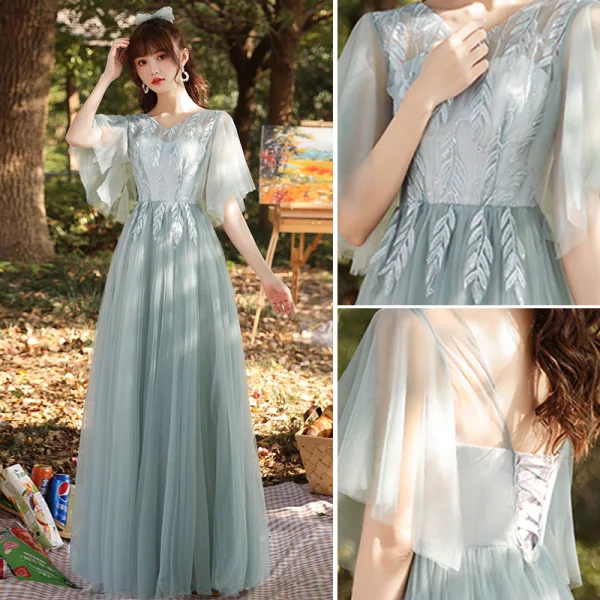 Modest / Simple Sage Green Embroidered Bridesmaid Dresses 2021 A-Line / Princess V-Neck 3/4 Sleeve Backless Floor-Length / Long Bridesmaid Wedding Party Dresses
